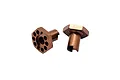 Two gold-coloured aluminium RC wheel hexes shown from different angles against a white background.