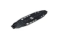 A black anodized aluminium RC car main chassis plate with various mounting holes and cutouts, viewed from an angle against a white background.