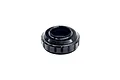 A black anodized metal RC shock bottom cap with a knurled edge, isolated on a white background.
