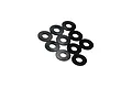 A set of ten small black circular shims or washers arranged in a loose cluster on a white background.