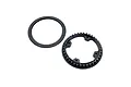 A black 38T pulley and a matching circular ring component for an RC car drivetrain, isolated on a white background.