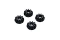 Four small black plastic bevel gears for an RC car differential arranged on a white background.