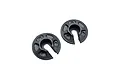Two black circular RC shock spring retainers with a slotted design, isolated on a white background.