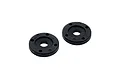 Two black circular RC shock pistons with four small holes each, isolated on a white background.