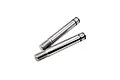 Two polished metal RC shock shafts with threaded ends and a small groove near the top, isolated against a white background.