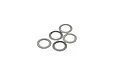 Five small, circular stainless steel shims arranged on a plain white background.