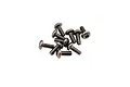 A small pile of silver-colored metal button head screws with hex drive sockets, isolated on a white background.