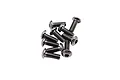 A small pile of silver-coloured metal button head screws with hex drive sockets, isolated on a white background.