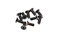 A cluster of nine black metal countersunk head screws with hexagonal drive sockets, isolated against a white background.