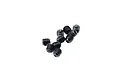 A small pile of black metal grub screws with fine threading, isolated on a white background.