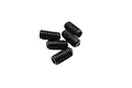 A cluster of five black metal grub screws arranged on a white background.