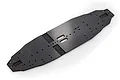 A flat, black carbon fibre RC car chassis plate with various mounting holes and cutouts, viewed from an angle against a white background.