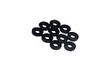 A collection of ten small, black circular shims or washers arranged on a plain white background.