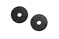 Two black circular RC shock pistons with a central hole and three smaller holes, shown on a white background.