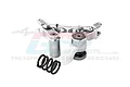 GPM Racing silver aluminium steering assembly for RC cars with a separate black coil spring on a white background.
