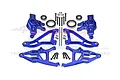 A set of blue anodized aluminium RC steering hubs and front suspension arms with included bearings and hardware, laid out on a white background.