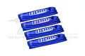Four blue GPM Racing shock wraps for RC cars arranged in a row against a white background.