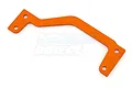 An orange anodized aluminium centre chassis brace for an RC vehicle, featuring four mounting holes and a bent, angular design.