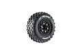 A single Louise SC-Rock short course RC tyre mounted on a black spoked rim with gold-coloured hex hardware against a white background.