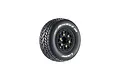 A single Louise SC-Rocket M RC short course tyre mounted on a black spoked rim with gold-coloured hex bolts, isolated on a white background.