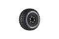 A single Louise SC-Uphill RC short course tyre mounted on a black spoked rim with gold-coloured lug nut accents, isolated on a white background.