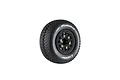 A single Louise SC-Turbo RC short course tyre mounted on a black spoked rim with gold-coloured lug nut details, isolated on a white background.
