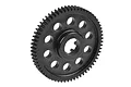 A black Team Corally 64-tooth spur gear for RC vehicles, featuring a circular design with weight-reduction holes and the number 64T stamped on the center hub.
