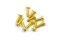 A small pile of gold-colored button head RC screws on a white background.