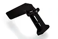 A black plastic RC boat tail rudder assembly with a mounting bracket and metal screw, isolated on a white background.
