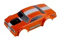 A bright orange Team Associated 1/28 scale DR28 RC car body shell with white racing stripes, black hood scoop, and sponsor decals on a white background.