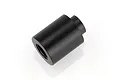 A black cylindrical aluminium clutch mount spacer for RC vehicles on a white background.