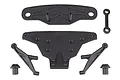 A set of black plastic RC car front bumper components including a main bumper plate, support braces, and mounting posts on a white background.