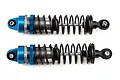 Two Team Associated adjustable RC rear shock absorbers featuring blue anodized aluminum collars and gunmetal grey bodies with black springs.