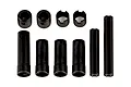A set of ten black plastic RC driveshaft components including sleeves, collars, and shafts arranged on a white background.