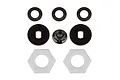 A set of RC slipper clutch components including metal washers, a locking nut, and hexagonal friction pads on a white background.