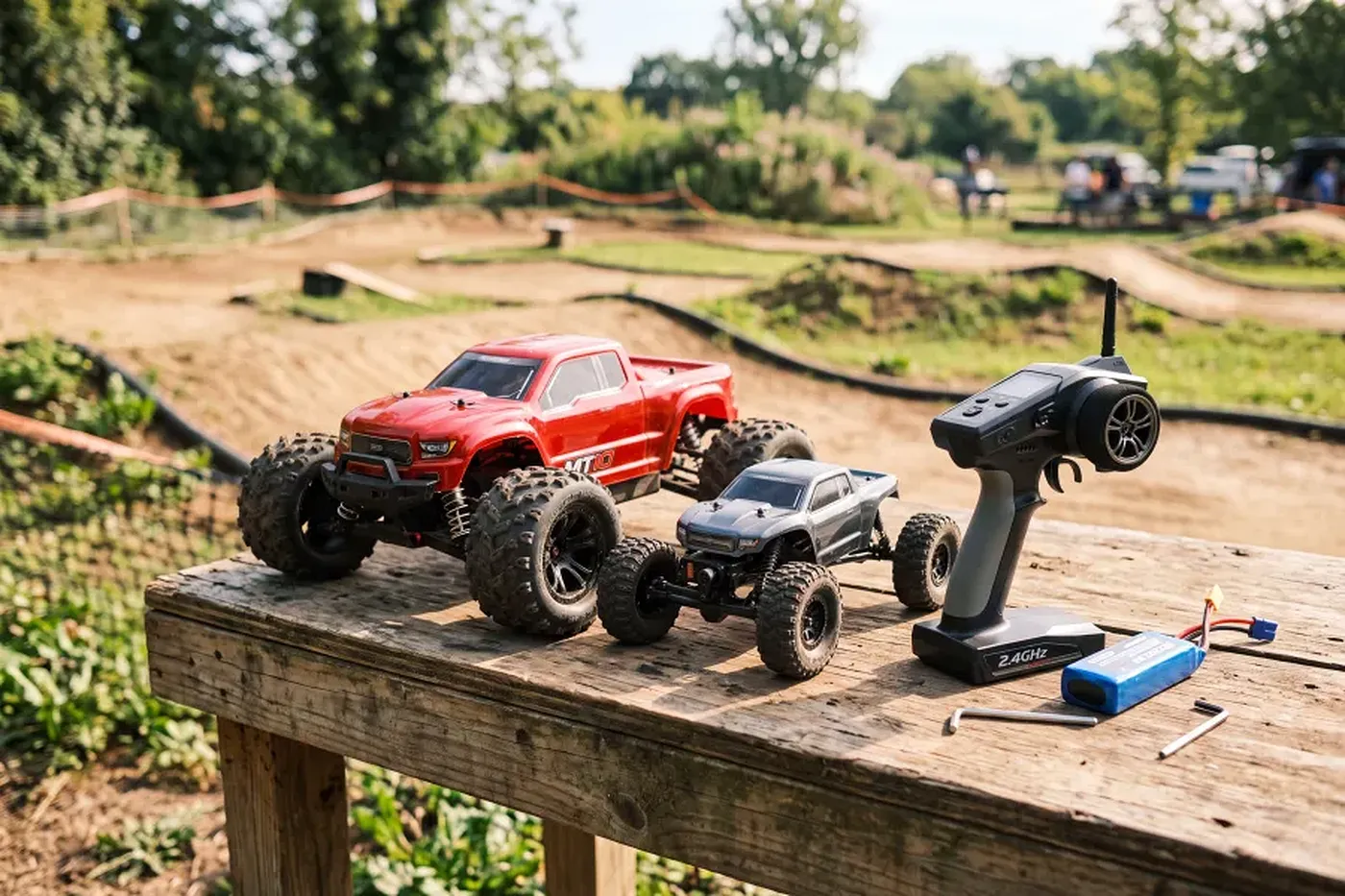 An RC monster truck, rock crawler, and radio controller sitting on a sunlit outdoor workbench.