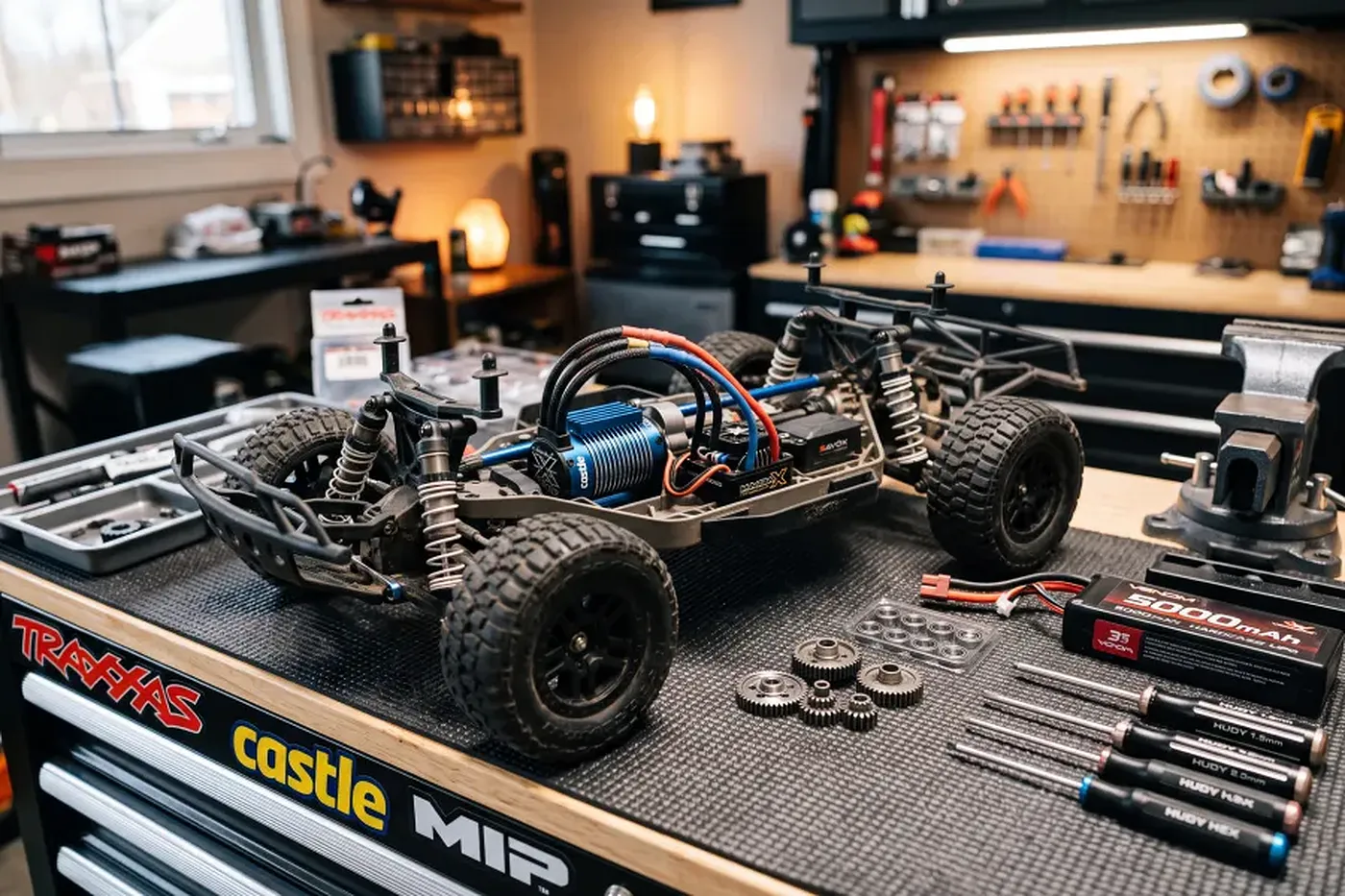 An RC short course truck chassis on a workbench surrounded by speed upgrade parts like brushless motors, gears, and batteries.