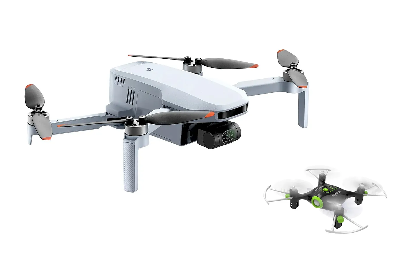 Studio shot of two different beginner drones against a plain white background, featuring a larger grey foldable drone and a smaller mini drone.