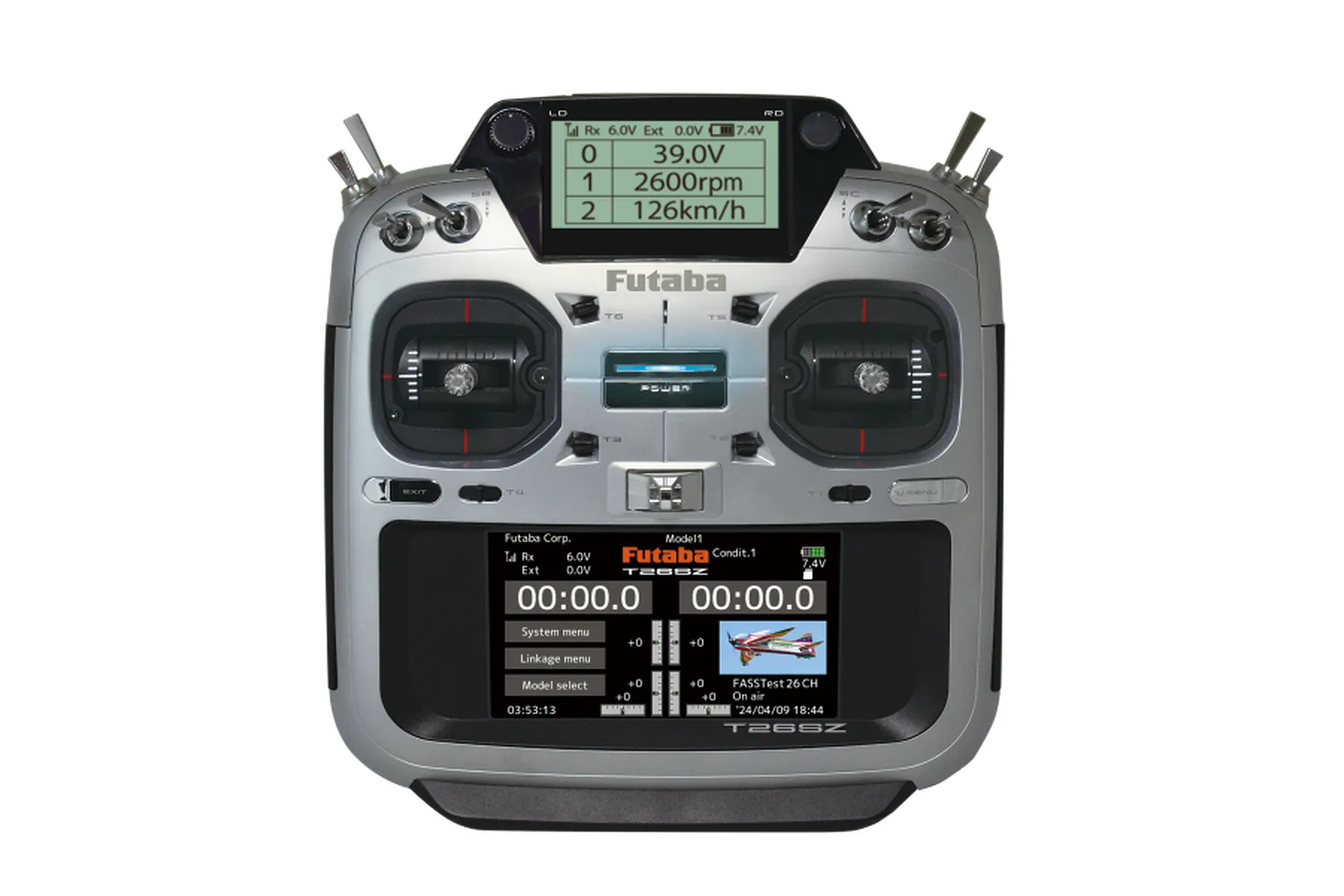 Futaba T26SZ 26-channel RC transmitter with a silver finish, dual screens, and multiple control switches, shown from a front-facing studio perspective.