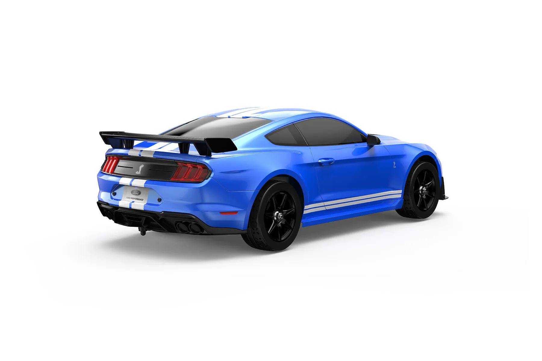 Rear three-quarter view of a blue MJX RC Ford Mustang Shelby GT500 RC car with white racing stripes and black wheels on a white background.