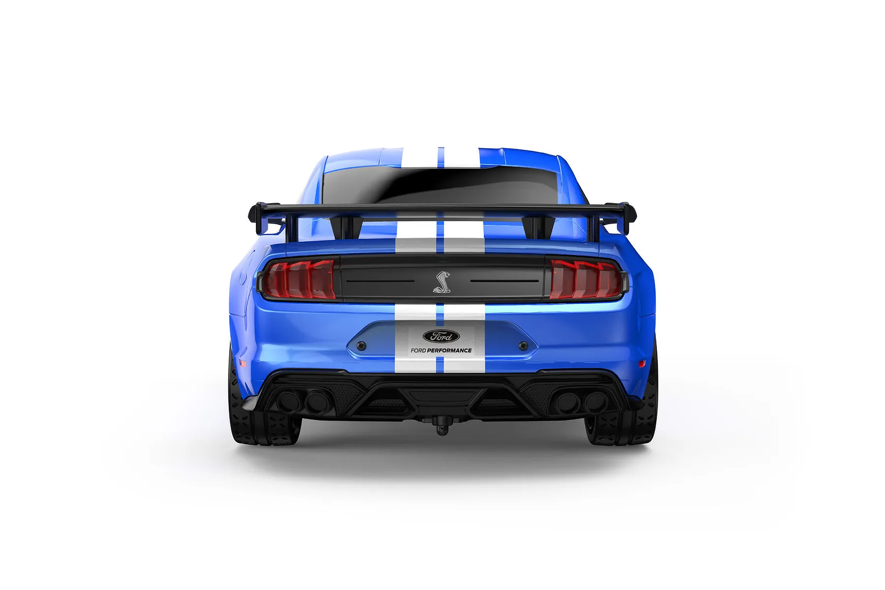 Rear view of a blue MJX RC Ford Mustang Shelby GT500 1/10 scale RC car with white racing stripes and a black rear spoiler against a white background.