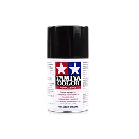 A 100ml can of Tamiya TS-6 Matte Black lacquer spray paint for plastic models, featuring the iconic red and blue Tamiya logo on a white background.