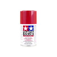 A 100ml can of Tamiya TS-18 Metallic Red lacquer spray paint for plastic models, featuring the Tamiya logo and safety warnings on a white background.