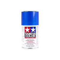 A 100ml can of Tamiya TS-19 Metallic Blue lacquer spray paint for plastics, featuring the Tamiya logo and safety warnings on a white background.