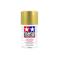 A 100ml can of Tamiya TS-21 Gold lacquer spray paint for plastics, featuring the Tamiya logo and warning labels on a white background.