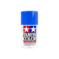 A 100ml can of Tamiya TS-44 Brilliant Blue lacquer spray paint for plastic models, featuring the Tamiya logo and blue cap.