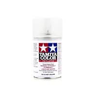 A studio shot of a Tamiya TS-65 Pearl Clear lacquer spray paint can, showing the Tamiya logo and safety warnings on a white background.