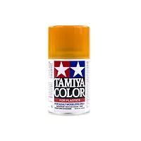 A 100ml can of Tamiya TS-73 Clear Orange lacquer spray paint for plastic models, featuring the iconic Tamiya twin-star logo on a white background.