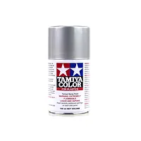 A 100ml can of Tamiya TS-76 Mica Silver lacquer spray paint for plastic models, featuring the Tamiya logo and safety warnings on a white background.