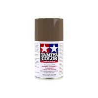 A 100ml can of Tamiya TS-90 Brown JGSDF spray paint for plastic models, featuring the Tamiya logo and safety warnings on a white background.